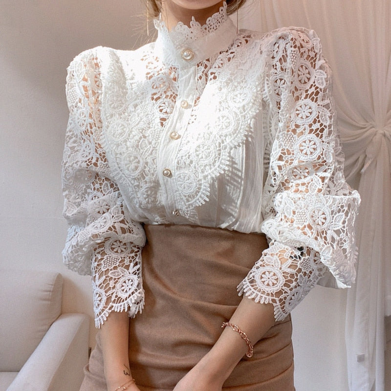 Chic Hollow Out Flower Lace Shirt Stand-Collar All-Match Summer Blouses 2023 Petal Sleeve Patchwork Women Top Femme Blusas 12419