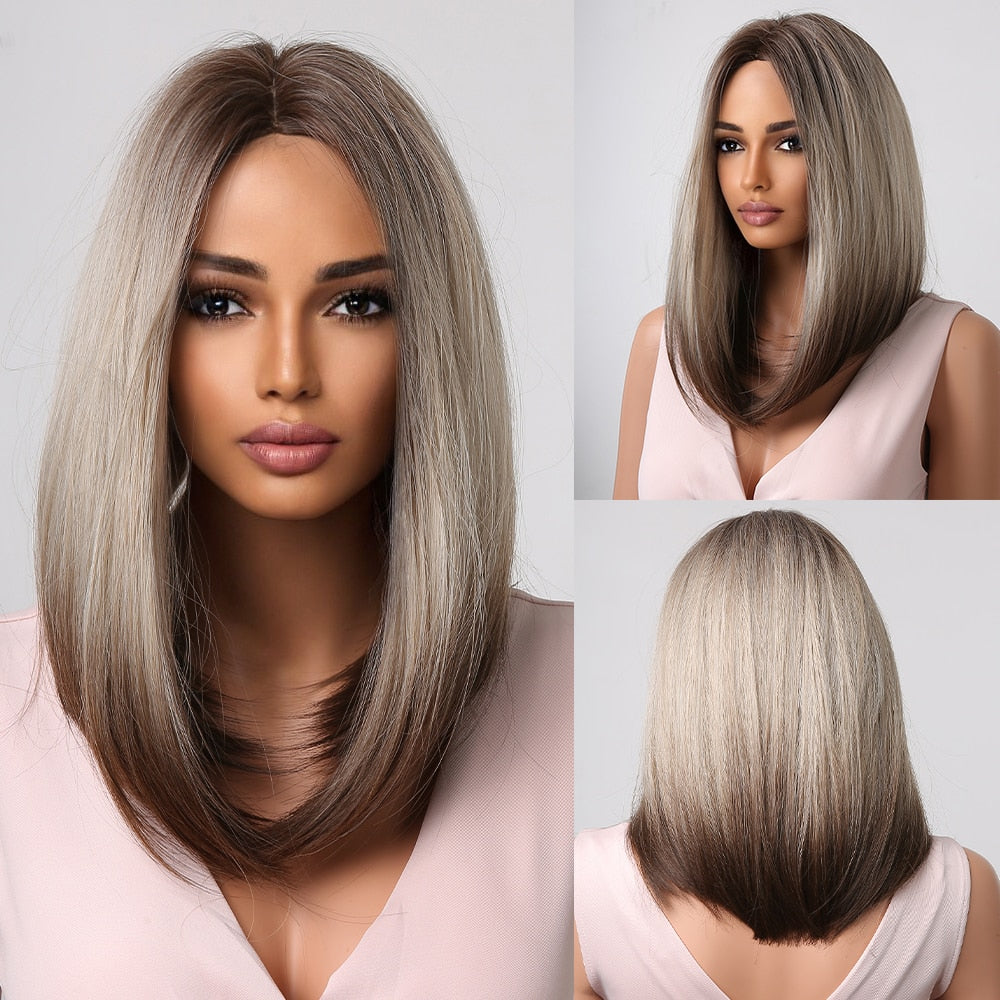 Short Straight Synthetic Wigs for Women Blonde to Brown Ombre Bob Wigs with Bangs Daily Cosplay Party Heat Resistant Fake Hair