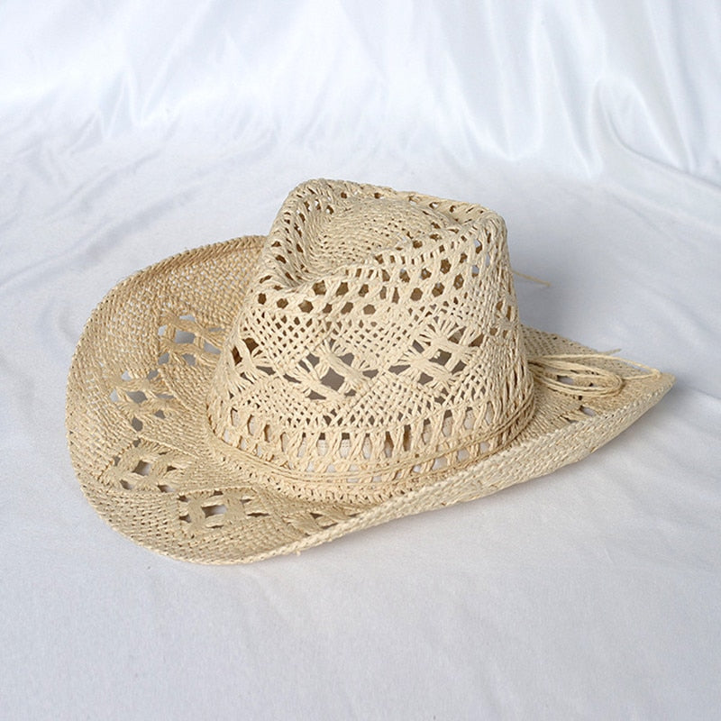 Cowboy hat fashion hollow handmade cowboy straw hat men's summer outdoor travel beach hat unisex solid color western cowboy hat