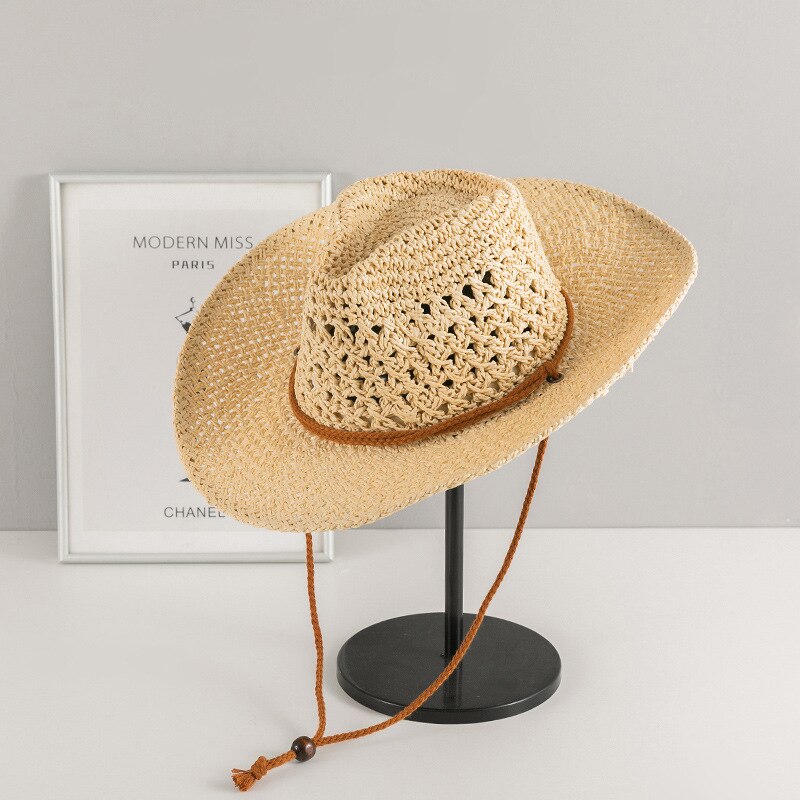 Cowboy hat fashion hollow handmade cowboy straw hat men's summer outdoor travel beach hat unisex solid color western cowboy hat