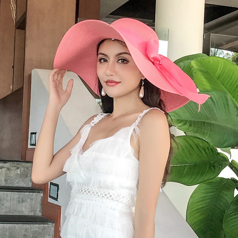 Women Summer Beach Travel Straw Hat Korean Seaside Big Hat Brim Sunblock Sunshade Holiday Foldable Fashion Big Cool Hat