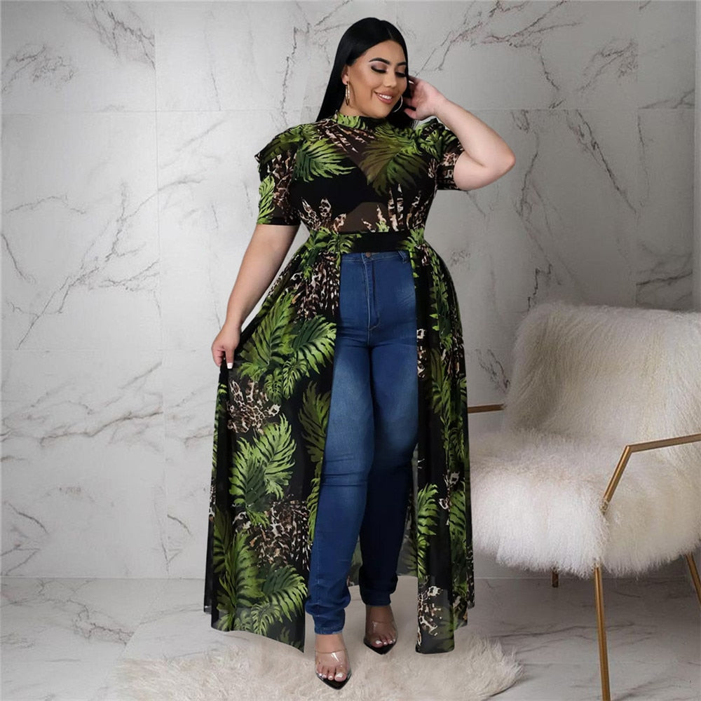 Wmstar Plus Size Plus Size T-Shirts Print Women Tops Puff Short Sleeve Mesh See Through Sexy Chiffon Bulk Wholesale Dropshipping