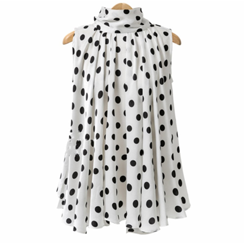 Plus Size Bow Print Big Dot Turtleneck Blouses Shirts 4XL 5XL Streetwear Sleeveless Loose Blouse