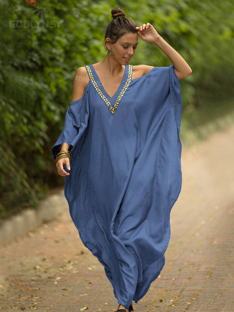 2023 Sexy Cold Shoulder V Neck Bats Sleeve Loose Summer Beach Dress Plus Size Women Beachwear Kaftan Black Dress Q943