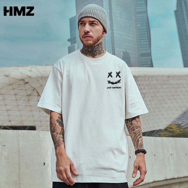 HMZ 2022 T Shirt Streetwear Men Oversize Hip Hop T-Shirt Smile Print Harajuku Tshirt Summer Short Sleeve Cotton Loose Tops Tees