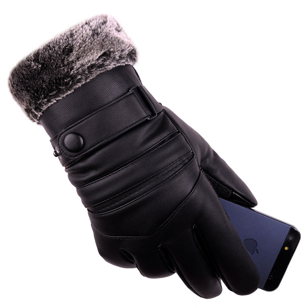 Mens Long Leather Gloves Wool Warm Touchscreen Gloves Waterproof Fur Mittens Heated Cashmere Gloves Motorcycle Gants Winter