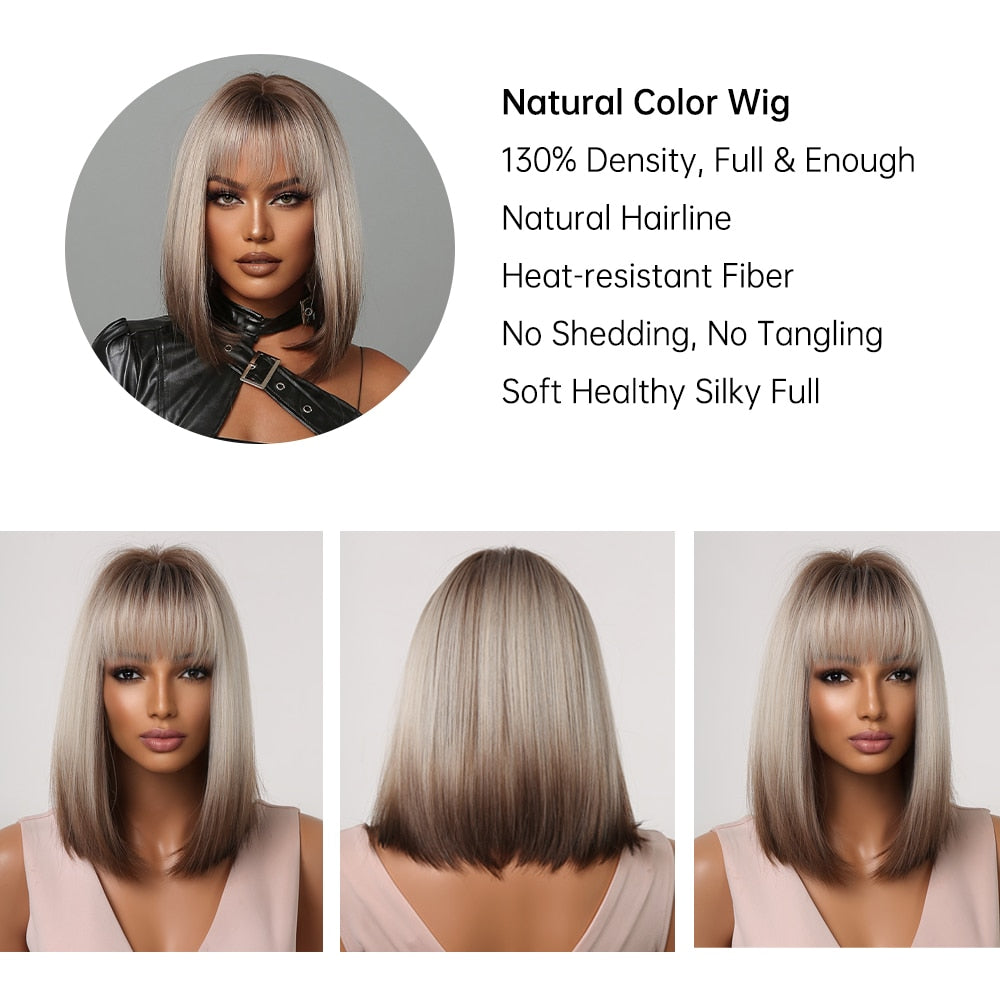 Short Straight Synthetic Wigs for Women Blonde to Brown Ombre Bob Wigs with Bangs Daily Cosplay Party Heat Resistant Fake Hair