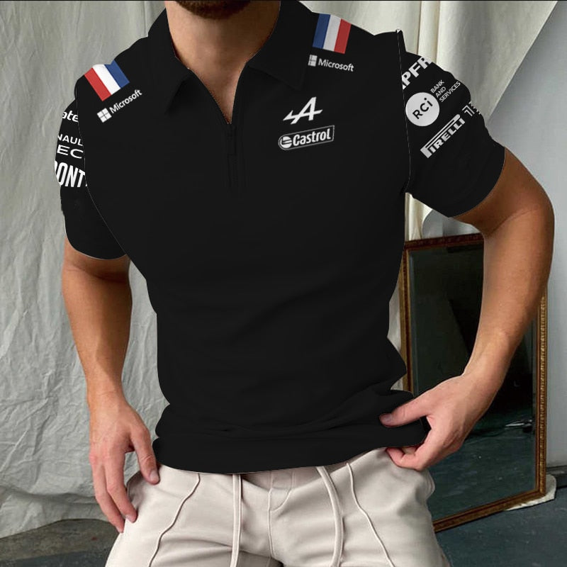 Alpine Polo Shirts Alonso F1 Team Formula One Racing Car 3D Print Tees Tops Men Sports Casual Turn-Down Collar Zipper Polo Shirt