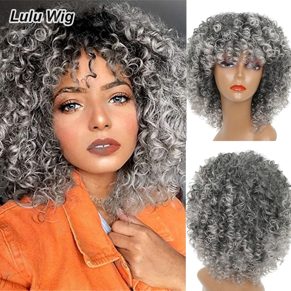 Short Curly Blonde Wig For Black Women Afro Kinky Curly Wig With Bangs Synthetic Natural Glueless Ombre Brown Blonde Cosplay Wig