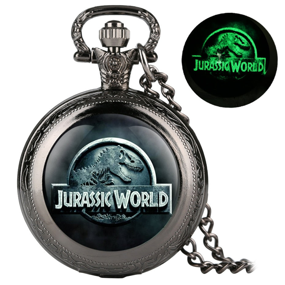 Unique Luminous Quartz Pocket Watch Classic Jurassic Park Theme Display Necklace Pendant Clock Gifts for Men Women Children