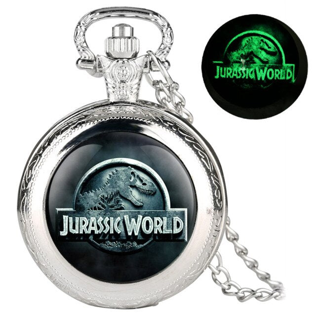 Unique Luminous Quartz Pocket Watch Classic Jurassic Park Theme Display Necklace Pendant Clock Gifts for Men Women Children