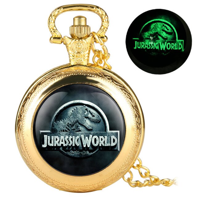 Unique Luminous Quartz Pocket Watch Classic Jurassic Park Theme Display Necklace Pendant Clock Gifts for Men Women Children