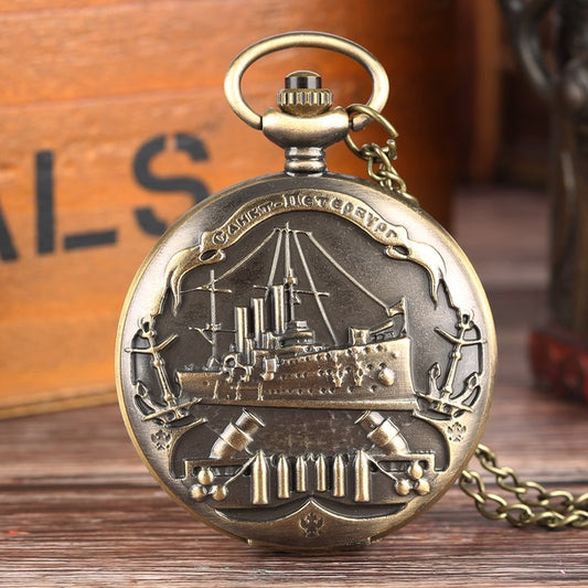 Retro Bronenosets Potemkin Quartz Pocket Watch 3D Warship Pattern Necklace Pendant Souvenir Gifts for Men Women Collectibles