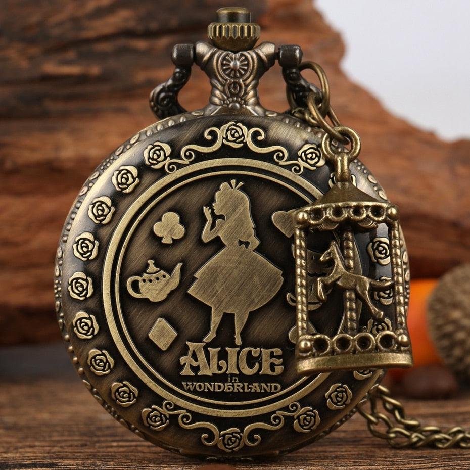 Retro Bronze Dream Alice in Wonderland Rabbit Poker Carousel Accessory Quartz Pocket Watch Chain Necklace Pendant for Girl Women