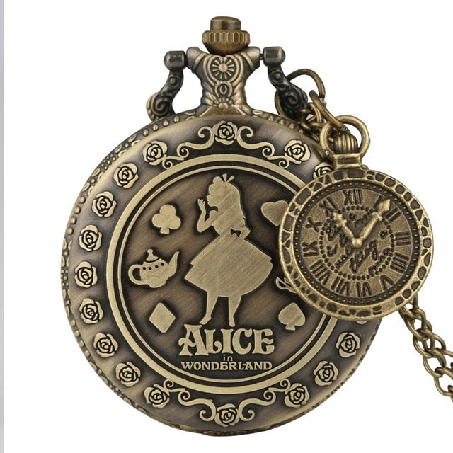 Retro Bronze Dream Alice in Wonderland Rabbit Poker Carousel Accessory Quartz Pocket Watch Chain Necklace Pendant for Girl Women