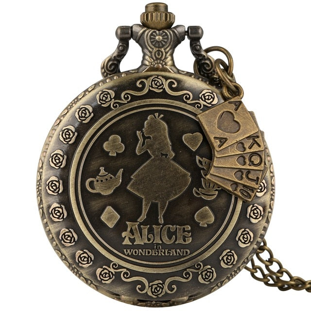 Retro Bronze Dream Alice in Wonderland Rabbit Poker Carousel Accessory Quartz Pocket Watch Chain Necklace Pendant for Girl Women