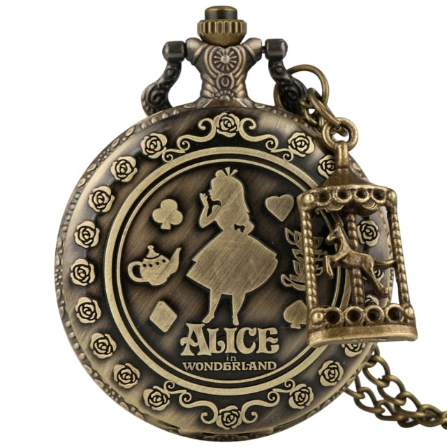 Retro Bronze Dream Alice in Wonderland Rabbit Poker Carousel Accessory Quartz Pocket Watch Chain Necklace Pendant for Girl Women