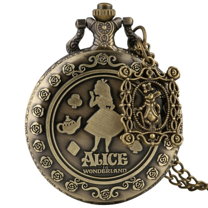 Retro Bronze Dream Alice in Wonderland Rabbit Poker Carousel Accessory Quartz Pocket Watch Chain Necklace Pendant for Girl Women