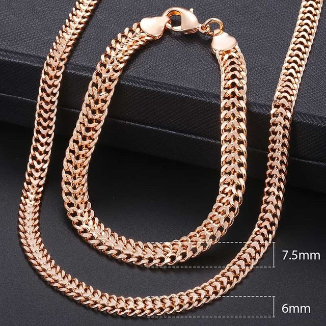 Men Women's Jewelry Set 585 Rose Gold Bracelet Necklace Set Double Curb Cuban Weaving Bismark Chain 2021 Wholesale Jewelry KCS04