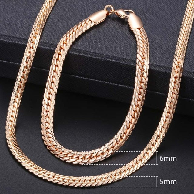 Men Women's Jewelry Set 585 Rose Gold Bracelet Necklace Set Double Curb Cuban Weaving Bismark Chain 2021 Wholesale Jewelry KCS04