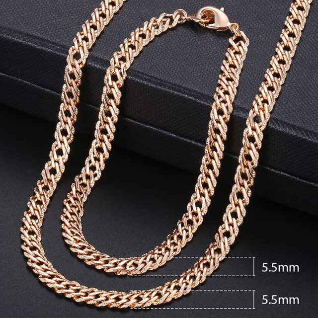 Men Women's Jewelry Set 585 Rose Gold Bracelet Necklace Set Double Curb Cuban Weaving Bismark Chain 2021 Wholesale Jewelry KCS04