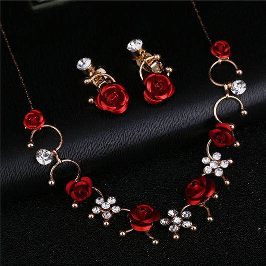 Women Elegant 1 Pair Ear Clip+1 Necklace Red Flower Casual Dress Accessory Fashion Alloy Ear Clip Neckless Jewelry Set