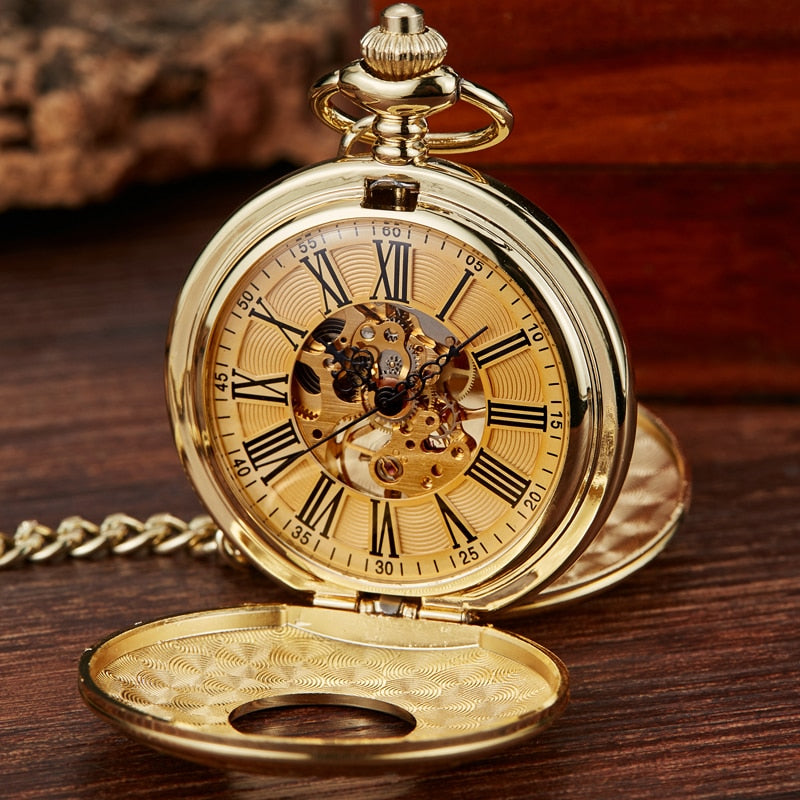 Vintage 2 Sides Open Case Mechanical Men's Watch Double Face Roman Dial Clock Hand Wind Pocket Watch With FOB Chain Gift