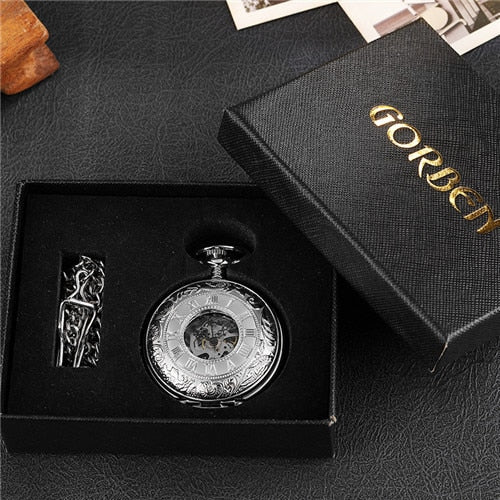 Vintage 2 Sides Open Case Mechanical Men's Watch Double Face Roman Dial Clock Hand Wind Pocket Watch With FOB Chain Gift