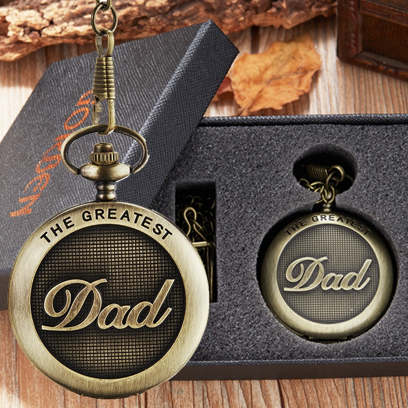 Fathers Day Gifts " TO MY GREAST DAD " Pocket Watch Best Idea for Daddy Father Antique Quartz Fob Chain Clock with Gift BOX Set