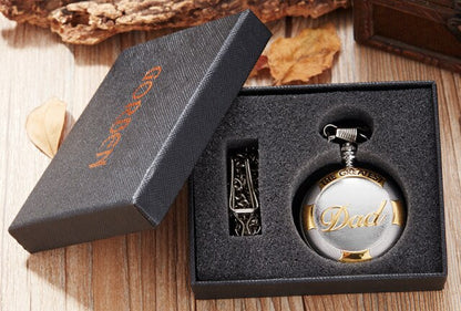 Fathers Day Gifts " TO MY GREAST DAD " Pocket Watch Best Idea for Daddy Father Antique Quartz Fob Chain Clock with Gift BOX Set