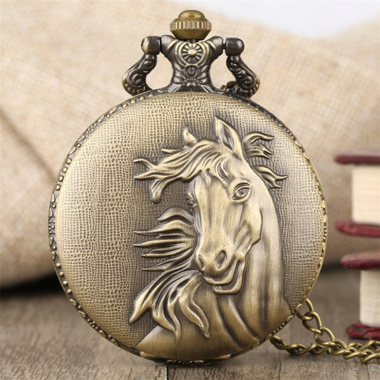 Vintage Bronze Pocket Watch Quartz Retro Horse Full Hunter Pendant Watch with Fob Necklace Chain Best Gift for Men Women reloj