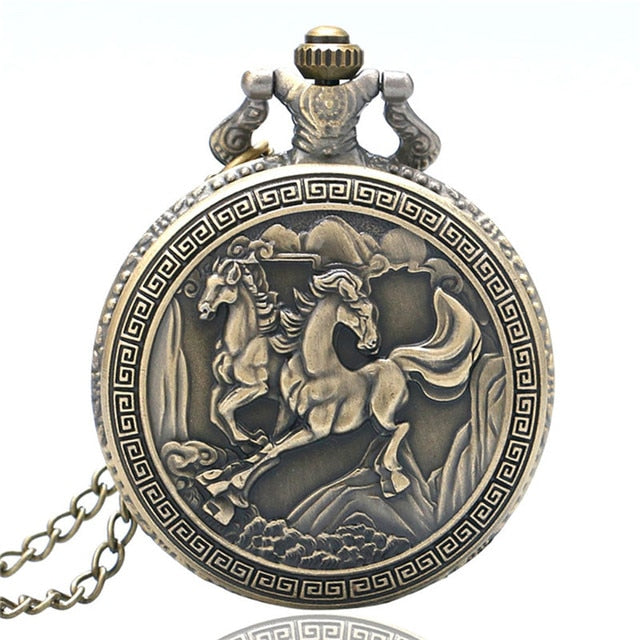 Vintage Bronze Pocket Watch Quartz Retro Horse Full Hunter Pendant Watch with Fob Necklace Chain Best Gift for Men Women reloj