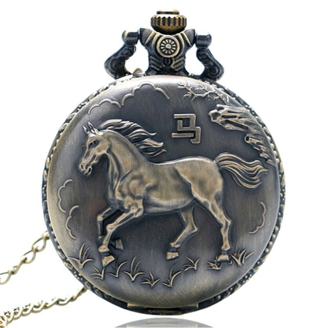 Vintage Bronze Pocket Watch Quartz Retro Horse Full Hunter Pendant Watch with Fob Necklace Chain Best Gift for Men Women reloj