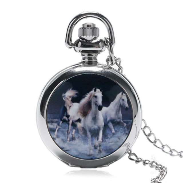 Vintage Bronze Pocket Watch Quartz Retro Horse Full Hunter Pendant Watch with Fob Necklace Chain Best Gift for Men Women reloj