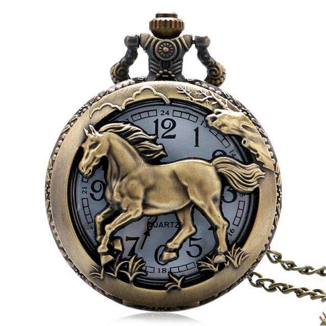 Vintage Bronze Pocket Watch Quartz Retro Horse Full Hunter Pendant Watch with Fob Necklace Chain Best Gift for Men Women reloj