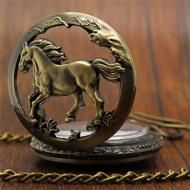 Vintage Bronze Pocket Watch Quartz Retro Horse Full Hunter Pendant Watch with Fob Necklace Chain Best Gift for Men Women reloj