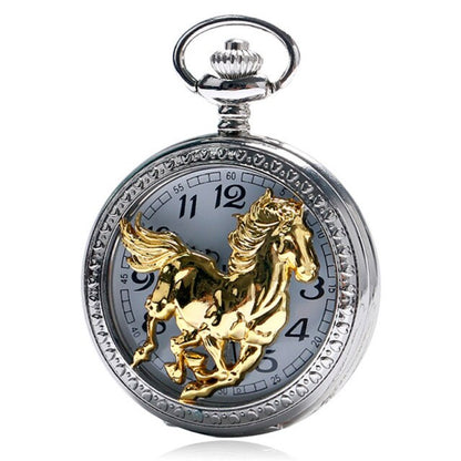 Vintage Bronze Pocket Watch Quartz Retro Horse Full Hunter Pendant Watch with Fob Necklace Chain Best Gift for Men Women reloj