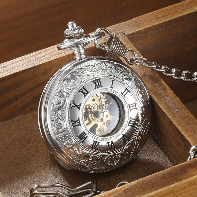 Vintage 2 Sides Open Case Mechanical Men's Watch Double Face Roman Dial Clock Hand Wind Pocket Watch With FOB Chain Gift