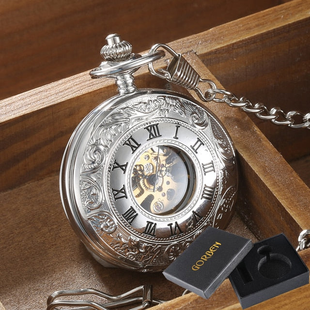 Vintage 2 Sides Open Case Mechanical Men's Watch Double Face Roman Dial Clock Hand Wind Pocket Watch With FOB Chain Gift