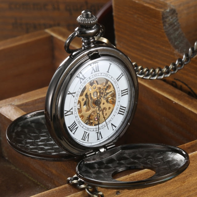 Vintage 2 Sides Open Case Mechanical Men's Watch Double Face Roman Dial Clock Hand Wind Pocket Watch With FOB Chain Gift