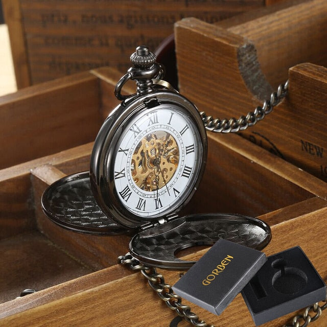 Vintage 2 Sides Open Case Mechanical Men's Watch Double Face Roman Dial Clock Hand Wind Pocket Watch With FOB Chain Gift