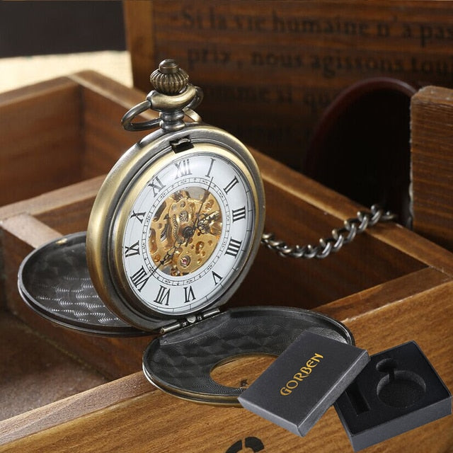 Vintage 2 Sides Open Case Mechanical Men's Watch Double Face Roman Dial Clock Hand Wind Pocket Watch With FOB Chain Gift