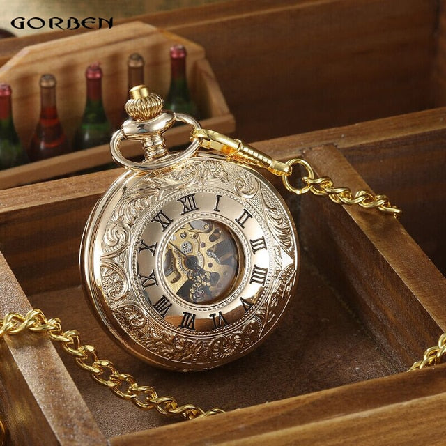 Vintage 2 Sides Open Case Mechanical Men's Watch Double Face Roman Dial Clock Hand Wind Pocket Watch With FOB Chain Gift