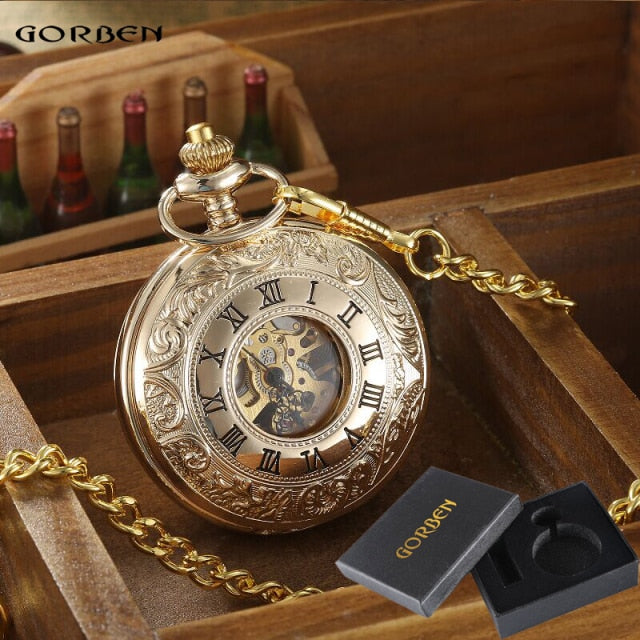 Vintage 2 Sides Open Case Mechanical Men's Watch Double Face Roman Dial Clock Hand Wind Pocket Watch With FOB Chain Gift