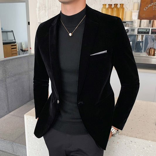 Fall Winter Gold Velvet Blazer High Quality Slim Fit Suit Jacket Fashion Casual Men Groom Singer Costume Formal Evening Dress