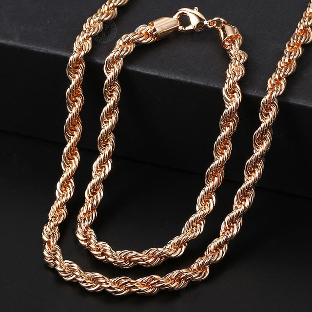 Men Women's Jewelry Set 585 Rose Gold Bracelet Necklace Set Double Curb Cuban Weaving Bismark Chain 2021 Wholesale Jewelry KCS04