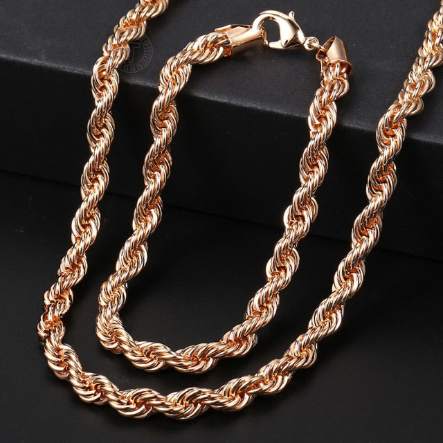 Men Women's Jewelry Set 585 Rose Gold Bracelet Necklace Set Double Curb Cuban Weaving Bismark Chain 2021 Wholesale Jewelry KCS04