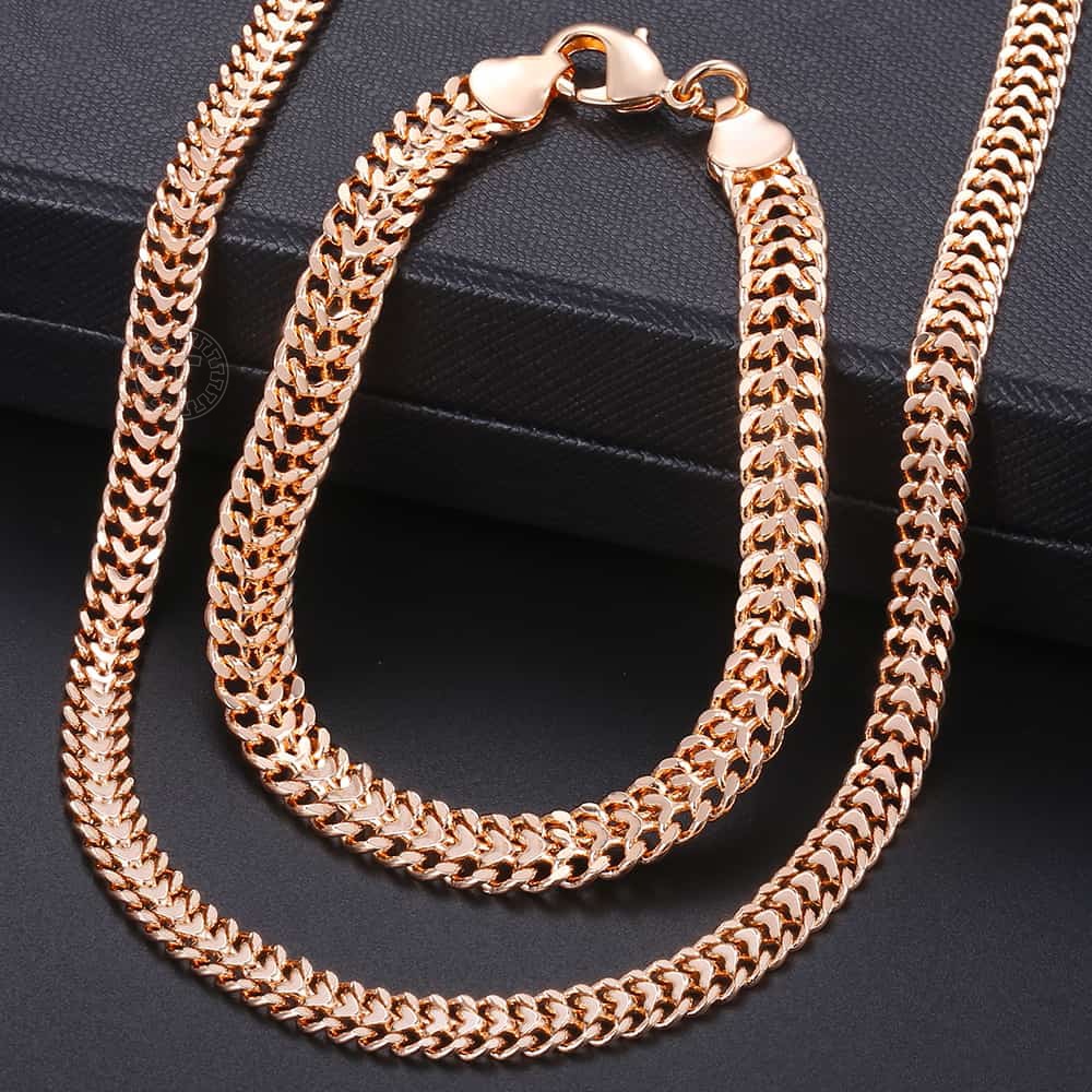 Men Women's Jewelry Set 585 Rose Gold Bracelet Necklace Set Double Curb Cuban Weaving Bismark Chain 2021 Wholesale Jewelry KCS04