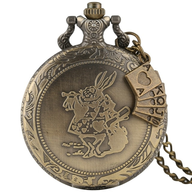 Retro Bronze Dream Alice in Wonderland Rabbit Poker Carousel Accessory Quartz Pocket Watch Chain Necklace Pendant for Girl Women