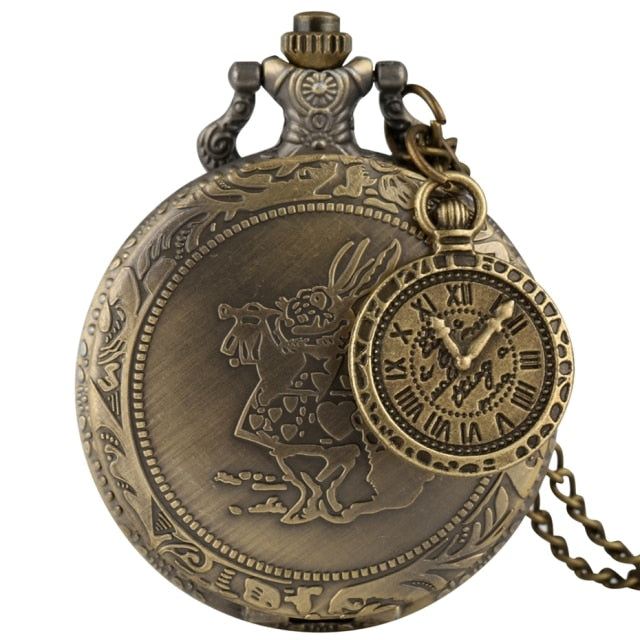 Retro Bronze Dream Alice in Wonderland Rabbit Poker Carousel Accessory Quartz Pocket Watch Chain Necklace Pendant for Girl Women